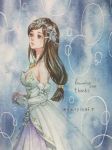  black_hair breasts cleavage commentary_request dress final_fantasy final_fantasy_ix garnet_til_alexandros_xvii graphite_(medium) jewelry long_hair low-tied_long_hair morito_leaf9 necklace solo tiara traditional_media watercolor_(medium) wedding_dress 