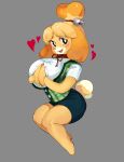  &lt;3 2018 animal_crossing anthro bell big_breasts blonde_hair blush breasts canine clothed clothing dog exposed_breasts female floppy_ears fur hair happy hi_res huge_breasts isabelle_(animal_crossing) looking_at_viewer mammal miniskirt nintendo open_mouth shih_tzu shirt simple_background skirt smile teeth tight_clothing vest video_games yellow_fur zambiie 