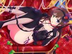  ahoge ass bare_shoulders bdsm black_gloves brown_hair couch dominatrix elbow_gloves femdom flat_chest flower garter_straps gloves hair_ribbon hairband heterochromia holding jewelry leather legs_up long_hair long_legs lying navel official_art on_back open_mouth pearl ribbon rose ryoubi_(senran_kagura) senran_kagura senran_kagura_new_link shiny solo sparkle thighs whip yaegashi_nan 