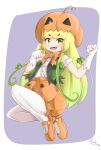  :d bow bowtie bubble_skirt center_frills clenched_hands commentary eyebrows_visible_through_hair fangs full_body gloves green_eyes green_hair highres jack-o'-lantern_(kemono_friends) kemono_friends long_hair looking_at_viewer maccha_pudding_(dragonmaster464) open_mouth orange_footwear orange_neckwear pantyhose pumpkin_on_head shirt shoes signature simple_background skirt smile solo white_gloves white_legwear white_shirt 