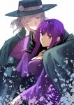  1girl black_cloak breasts cleavage cloak dress edmond_dantes_(fate/grand_order) eyebrows_visible_through_hair fate/grand_order fate_(series) fedora fur_trim hair_between_eyes hair_over_one_eye hand_on_another's_face hat jewelry long_hair looking_at_viewer petals purple_dress purple_hair red_eyes scathach_(fate)_(all) scathach_skadi_(fate/grand_order) tiara tsengyun wavy_hair white_background white_hair yellow_eyes 