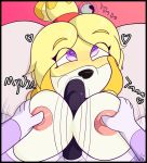  2018 animal_crossing anthro blonde_hair blush breasts canine digital_media_(artwork) dog fellatio female fur hair isabelle_(animal_crossing) lying male male/female mammal nintendo not_safe_for_reality nude on_back open_mouth oral penis sex shih_tzu smile solo text titfuck video_games yellow_fur 