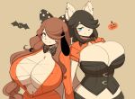  2018 anthro big_breasts black_hair blue_eyes blush blush_stickers bow_tie breasts brown_hair canine cleavage clothed clothing daughter dog duo ear_piercing female hair hair_bow hair_over_eye hair_ribbon hi_res holly_applebee huge_breasts long_hair looking_at_viewer maggie_applebee mammal mother mother_and_daughter parent piercing ribbons short_hair simple_background smile theycallhimcake yellow_eyes 