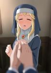  blonde_hair blurry blush brooch clarice_(idolmaster) closed_eyes depth_of_field facing_viewer gem habit hige_(com) holding_hands idolmaster idolmaster_cinderella_girls indoors jewelry long_hair nun open_mouth out_of_frame pov proposal solo_focus 