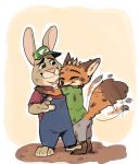  2018 anthro barefoot border canine clothed clothing dipstick_tail dirty disney duo fox fuel_(artist) gloves_(marking) hat hug lagomorph male mammal markings multicolored_tail nick_wilde outside overalls petting rabbit simple_background smile socks_(marking) standing stu_hopps tailwag white_border zootopia 