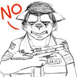  2018 angry army black_and_white canine clothed clothing dialogue english_text female fox gun handgun humor mammal military monochrome peggy_patterson pistol ranged_weapon savagelyrandom simple_background soldier solo text tumblr_ask uniform weapon 
