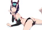  ass bare_shoulders detached_sleeves dudou eyeliner fate/grand_order fate_(series) hair_ornament kiriyama looking_at_viewer lying makeup on_stomach oni parted_lips purple_eyes purple_hair revealing_clothes shuten_douji_(fate/grand_order) shuten_douji_(halloween)_(fate) solo spread_legs 