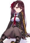  absurdres arm_support bangs black_gloves black_legwear blush breasts girls_frontline gloves head_tilt highres large_breasts necktie one_side_up pantyhose purple_hair red_eyes shadow shirt signature simple_background sitting striped striped_shirt takubon_(xewh4773) thighband_pantyhose wa2000_(girls_frontline) 