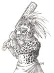  0laffson 2017 5_fingers anthro black_lips cheetah feline holding_object holding_weapon male mammal open_mouth simple_background solo teeth tongue traditional_media_(artwork) tribal weapon white_background 