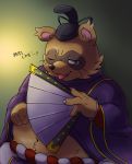  2016 anthro belly brown_fur canine clothing fur humanoid_hands japanese_text male mammal navel one_eye_closed overweight overweight_male robe sakusan_kc sengoku_puzzle solo tanuki text tokugawa_ieyasu tongue tongue_out wink 