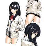  ass bangs black_hair black_skirt blue_eyes bow cardigan collared_shirt expressionless hands_in_pockets hiyashiru long_hair long_sleeves looking_at_viewer looking_back miniskirt multiple_views nape pleated_skirt red_bow school_uniform shirt skirt ssss.gridman takarada_rikka thighs traditional_media white_cardigan white_shirt 