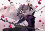  angel_wings arched_back armpits arms_up blurry_foreground chain commentary_request dress drill_hair elbow_gloves fallen_angel flower focused gloves greatpengh hair_flower hair_ornament hair_ribbon idolmaster idolmaster_cinderella_girls kanzaki_ranko light_rays looking_at_viewer petals purple_dress red_eyes ribbon rose_petals rosenburg_engel silver_hair smile solo twin_drills wand wings wrist_ribbon wristband 