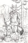  0laffson 2017 4_toes 5_fingers abs anthro barefoot canine day forest fur gun holding_object holding_weapon mammal outside ranged_weapon toes traditional_media_(artwork) tree weapon wolf 