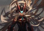  adapted_costume android armor blonde_hair capcom commentary_request floating_hair glowing glowing_eyes helmet highres long_hair looking_at_viewer male_focus narcissus111 omega_(rockman) power_armor rockman rockman_zero solo upper_body 