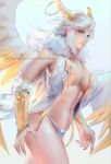  5_fingers angel armor breasts claws clothing demon digital_media_(artwork) feathered_wings feathers female gauntlets gloves hair halo horn humanoid looking_at_viewer navel not_furry patreon reddspice reddverse solo succubus underwear vest walking white_hair wings 