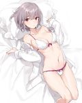  aiko_(kanl) bra breasts cleavage collarbone commentary expressionless grey_hair highres long_sleeves looking_at_viewer lying medium_breasts off_shoulder on_back open_clothes open_shirt panties pink_eyes shinjou_akane short_hair sketch solo ssss.gridman strap_slip underwear underwear_only white_bra white_panties 