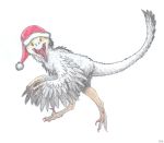  2018 ambiguous_gender angry christmas claws clothing colored_nails colored_pencil_(artwork) dinosaur feathered_dinosaur feathers feral hat holidays jumping looking_at_viewer open_mouth raptor reptile santa_hat saurornitholestes_(species) scalie simple_background solo teeth theropod toe_claws tongue traditional_media_(artwork) white_background zw3 