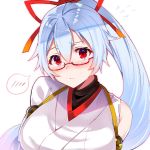  bare_shoulders blush fate/grand_order fate_(series) felnemo flying_sweatdrops glasses highres looking_at_viewer ponytail red_eyes silver_hair simple_background speech_bubble spoken_blush tomoe_gozen_(fate/grand_order) 