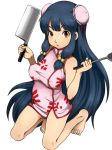  bangs bare_legs barefoot bell breasts china_dress chinese_clothes double_bun dress e10 eyebrows_visible_through_hair hair_bell hair_ornament kneeling knife ladle large_breasts long_hair looking_at_viewer no_panties open_mouth pubic_hair ranma_1/2 red_eyes shampoo_(ranma_1/2) sidelocks solo very_long_hair 