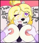  &lt;3 &lt;3_eyes 2018 animal_crossing anthro blonde_hair blush breasts canine cum cum_in_mouth cum_inside cum_on_face digital_media_(artwork) dog female fur hair isabelle_(animal_crossing) lying male male/female mammal nintendo not_safe_for_reality nude on_back open_mouth oral penis sex shih_tzu smile solo text titfuck video_games yellow_fur 