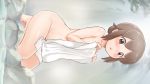  :o bangs barefoot blush brown_eyes brown_hair dutch_angle eyebrows_visible_through_hair full_body hair_bun highres looking_at_viewer lsizessize nude onsen rock seiza seki_oriko short_hair sitting solo towel wakaokami_wa_shougakusei 