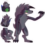  2018 3_fingers 3_toes anthro canine claws digital_drawing_(artwork) digital_media_(artwork) dragon fur green_eyes grin hair hi_res hybrid hypno_eyes looking_away lycanroc male mammal midnight_lycanroc nintendo open_mouth pok&eacute;mon pok&eacute;mon_(species) simple_background smile solo standing teeth the-coast-is-near toes tongue transformation video_games voldrak wings wolf 