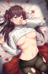  1girl autumn_leaves bangs black_legwear blush braid breasts casual cenangam clothes_lift eyebrows_visible_through_hair french_braid girls_frontline groin hair_ribbon hands_up highres large_breasts long_hair looking_at_viewer lying navel on_back one_side_up open_mouth pantyhose purple_hair red_eyes red_ribbon ribbed_sweater ribbon shirt sidelocks solo stomach sweat sweater sweater_lift tearing_up thighband_pantyhose torn_clothes torn_legwear tsurime turtleneck turtleneck_sweater very_long_hair wa2000_(girls_frontline) white_sweater 