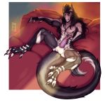  2018 animal_genitalia anthro balls bed black_hair claws digital_media_(artwork) fur grin hair kalimah looking_at_viewer lying male muscular neverneverland nude on_back penis presenting presenting_penis purple_fur sergal sheath smile solo thanris toe_claws white_fur yellow_eyes 