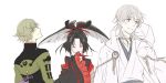  ^_^ black_hair closed_eyes eyes_visible_through_hair feathers green_eyes green_hair hair_feathers hair_over_one_eye hood japanese_clothes kogarasumaru_(touken_ranbu) male_focus multiple_boys pom_pom_(clothes) ponytail smile touken_ranbu tsurumaru_kuninaga uguisumaru white_hair yamazaki_mitsuko yellow_eyes 