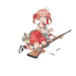  bangs bruise burnt_clothes carcano girls_frontline green_eyes gun hair_ribbon injury m1891_(girls_frontline) nishihara_isao official_art pink_hair pout ribbon rifle shirt solo torn_clothes torn_shirt twintails weapon younger 