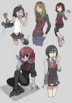  5girls black_legwear chillarism denim female highres jeans lobster multiple_girls necktie one_eye_closed open_mouth original pants red_hair scared shoes short_hair skirt slit_pupils smile sneakers teeth tongue tongue_out 