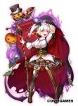  :d black_hat black_skirt breasts brown_footwear cape cleavage coffin flower_knight_girl full_body gloves halloween hat jack-o'-lantern large_breasts leaf legs_apart looking_at_viewer mismatched_legwear nakaishow official_art open_mouth orange_eyes pumpkin scythe shoes short_hair side_ponytail simple_background skirt smile solo standing striped striped_legwear thighhighs top_hat torn_clothes torn_legwear vertical-striped_legwear vertical_stripes warunasubi_(flower_knight_girl) white_background white_gloves white_hair 