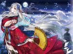  1girl architecture black_legwear blue_flower breasts brown_hair commentary_request copyright_request detached_sleeves dress east_asian_architecture fan finger_to_mouth flower folding_fan full_moon grey_hair hair_flower hair_ornament large_breasts long_hair moon night night_sky official_art ogino_atsuki outdoors petals ponytail red_dress red_eyes sideboob silk silver_hair sky standing thighhighs very_long_hair wide_sleeves 
