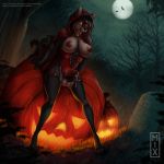  2018 anthro big_breasts breasts canine clothed clothing dickgirl grass grave halloween holidays huge_breasts intersex little_red_riding_hood little_red_riding_hood_(copyright) llmixll mammal moon night nipples precum solo tena_teardrop tree were werewolf 