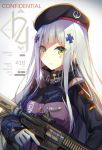  assault_rifle bangs beret blunt_bangs blush breasts character_name closed_mouth commentary_request eyebrows_visible_through_hair facial_mark girls_frontline gloves green_eyes gun hair_ornament hat heckler_&amp;_koch highres hk416 hk416_(girls_frontline) holding holding_gun holding_weapon jacket long_hair looking_at_viewer medium_breasts rifle silver_hair solo teardrop very_long_hair weapon yuuki_yuu 