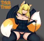  2_tails 5_fingers animal_humanoid armwear biped black_wings blonde_hair breasts camel_toe cheshirecatsmile37 choker cleavage clothed clothing cosplay costume dipstick_tail dress elbow_gloves female fingerless_gloves fluffy fluffy_tail fox_humanoid gloves green_eyes grey_background hair halloween holding_object holding_weapon holidays horn humanoid legwear long_hair looking_at_viewer membranous_wings multi_tail multicolored_tail orange_tail pale_skin panties simple_background smile solo stockings succubus tango_(tangopapatango) thick_bottom_lip thigh_highs trick_or_treat two_tone_tail underwear upskirt weapon whip white_tail wings 