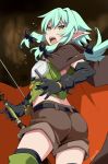  aqua_hair ass black_gloves bow bow_(weapon) brown_shorts cloak commentary_request dagger elf eyebrows_visible_through_hair from_behind gloves goblin_slayer! green_eyes hair_between_eyes hair_bow high_elf_archer_(goblin_slayer!) highres hood hooded_cloak long_hair looking_at_viewer looking_back maruto! midriff open_mouth pointy_ears shiny shiny_hair shorts solo standing sweat teeth thighhighs weapon 