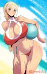  ahoge ball beachball bikini blonde_hair blush breasts brown_eyes cleavage closed_mouth commentary_request cowboy_shot girls_und_panzer hair_pulled_back hairband halterneck hand_on_own_thigh head_tilt holding large_breasts leaning_to_the_side light_frown long_hair looking_at_viewer navel red_bikini sasaki_akebi sasaki_tatsuya skindentation solo standing string_bikini sweatdrop swimsuit tan thighs white_hairband 