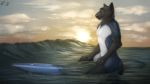  2018 anthro clothing digital_media_(artwork) feline hi_res kafka_dincht lizet male mammal maskedhusky panther partially_submerged sea solo sunrise surf surfboard water wave wetsuit 