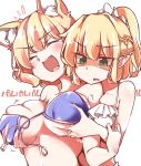 :d ^_^ animal_ear_fluff animal_ears bangs bare_shoulders bikini blonde_hair blush breast_envy breast_grab breasts closed_eyes eyebrows_visible_through_hair fang fox_ears gokuu_(acoloredpencil) grabbing grabbing_from_behind green_eyes hair_between_eyes large_breasts medium_breasts midriff mizuhashi_parsee motion_lines multiple_girls open_mouth pointy_ears ponytail shaded_face short_hair smile swimsuit tears touhou untied untied_bikini upper_body v-shaped_eyebrows yakumo_ran 