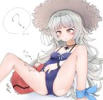  :o ? absurdres ankle_ribbon azur_lane bangs blue_ribbon blue_swimsuit blunt_bangs blush breasts cameltoe frilled_swimsuit frills hair_ornament hat highres iron_cross jewelry long_hair miyoko_chan_(myo_kou) mole mole_under_eye necklace one-piece_swimsuit ribbon silver_hair sitting small_breasts solo spread_legs straw_hat swimsuit swimsuit_pull tattoo thigh_tattoo thought_bubble very_long_hair yellow_eyes z46_(azur_lane) 