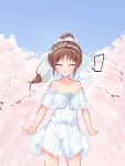  ass_visible_through_thighs bangs blue_sky bridal_veil brown_hair cherry_blossoms closed_mouth cowboy_shot day debutya_aki dress eyebrows_visible_through_hair facing_viewer flat_chest flower groin happy heart highres jewelry long_hair navel no_panties off-shoulder_dress off_shoulder outdoors ponytail ring rose saki saki_achiga-hen see-through short_dress sky smile solo sparkle spoken_heart standing takakamo_shizuno tiara tree veil wedding_band wedding_dress white_dress white_flower white_rose 