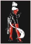  2018 anthro armwear bdsm breasts butt clothed clothing collar digital_media_(artwork) elbow_gloves feline female footwear fur gloves hair high_heels leash leather leggings legwear lion looking_at_viewer mammal raised_tail red_eyes shoes simple_background smile solo spandex tanutanuki tight_clothing whip white_fur 