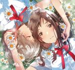  blush bow brown_eyes brown_hair closed_eyes dress_shirt flower fly_(marguerite) holding holding_another's_hair holding_flower light_brown_hair mole mole_under_mouth multiple_girls original parted_lips petals red_bow red_neckwear red_ribbon ribbon school_uniform shirt white_shirt yuri 