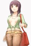  :d bag bangs belt belt_buckle bracelet breasts brown_eyes brown_hair brown_pants buckle collarbone commentary_request eyebrows_visible_through_hair fingernails front-tie_top green_shirt grey_background highres itsuwa jewelry long_hair long_sleeves looking_away medium_breasts midriff navel necklace no_bra open_mouth pants round_teeth shirt shoulder_bag simple_background smile solo suzuki_puramo teeth to_aru_majutsu_no_index upper_teeth white_background yellow_belt 