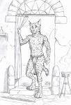  0laffson 2018 5_fingers anthro cheetah clothing detailed_background digital_media_(artwork) ear_piercing feline loincloth looking_at_viewer male mammal piercing sketch smile solo standing traditional_media_(artwork) 