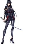  1girl annerose_vajra black_hair breasts erect_nipples full_body kagami_hirotaka katana koutetsu_no_majo_annerose koutetsu_no_majo_anneroze large_breasts legs lilith-soft long_hair looking_at_viewer sideboob smile solo standing sword weapon yellow_eyes 