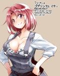  ahoge breasts cleavage collarbone commentary_request cow_girl_(goblin_slayer!) eyebrows_visible_through_hair frills goblin_slayer! highres kurose_kousuke large_breasts long_sleeves official_art overalls pink_hair purple_eyes solo suspenders text_focus translation_request 