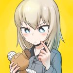  bandaid blue_eyes boko_(girls_und_panzer) closed_mouth commentary_request dress_shirt eyebrows_visible_through_hair finger_to_face frown girls_und_panzer grey_shirt holding holding_stuffed_animal itsumi_erika kuromorimine_school_uniform long_hair long_sleeves partial_commentary portrait raised_eyebrow shirai_keita shirt silver_hair simple_background solo stuffed_animal stuffed_toy teddy_bear v-shaped_eyebrows white_pupils yellow_background 