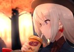  autumn bad_id bad_twitter_id coffee_cup cup disposable_cup drink drinking_straw earrings hat higuchi_kaede jewelry long_hair nijisanji nuezou origami paper_crane parted_lips purple_eyes ring silver_hair solo sunset tree 